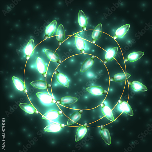 Colorful Green Glowing Christmas Lights.Vector elements can be used as backdrop for new Year decoration. Holiday Illustration, luminous electric garland, shiny light bulbs and wire