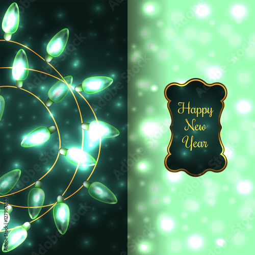 Colorful Green Glowing Christmas Lights.Vector elements can be used as backdrop for new Year decoration. Holiday Illustration, luminous electric garland, shiny light bulbs and wire