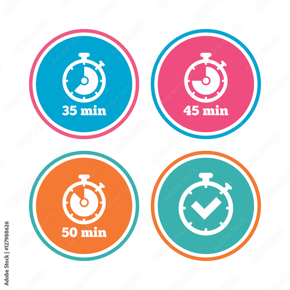 Timer icons. 35, 45 and 50 minutes stopwatch symbols. Check or Tick mark. Colored circle buttons. Vector Timer icons. 35, 45 and 50 minutes stopwatch symbols. Check or Tick mark. Colored circle buttons. Vector