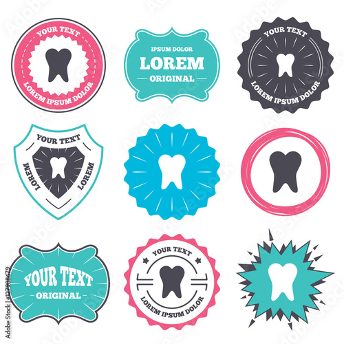 Label and badge templates. Tooth sign icon. Dental care symbol. Retro style banners, emblems. Vector