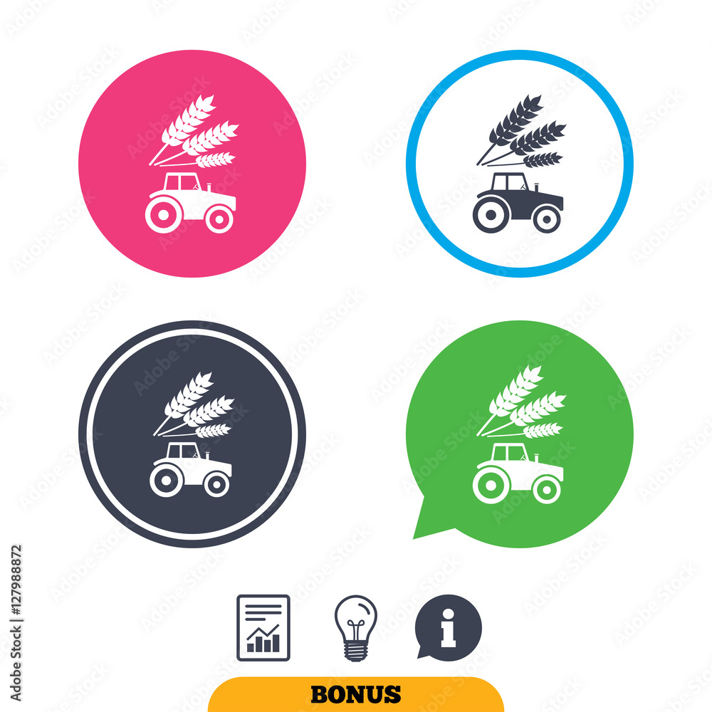 Tractor with Wheat corn sign icon. Agricultural industry symbol. Report document, information sign and light bulb icons. Vector
