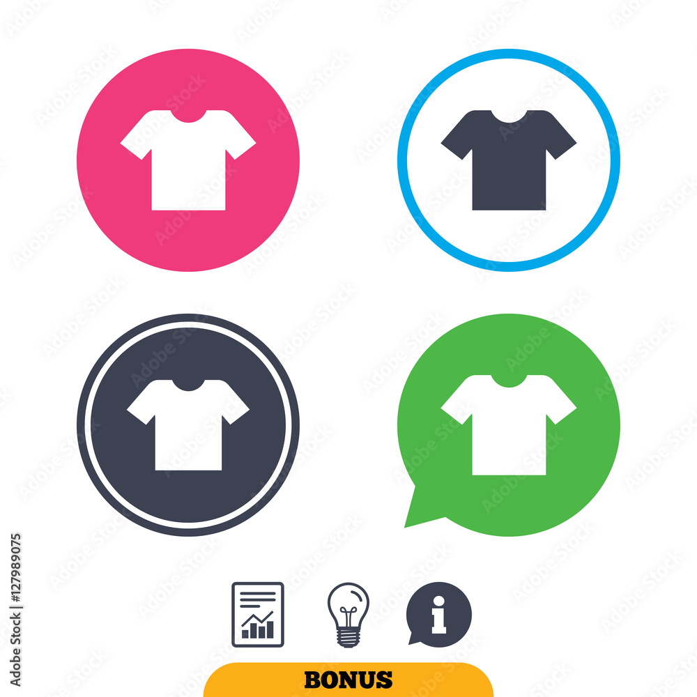 T-shirt sign icon. Clothes symbol. Report document, information sign and light bulb icons. Vector