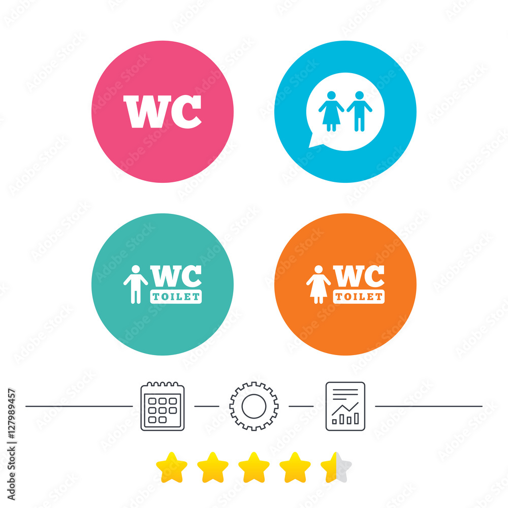 WC Toilet icons. Gents and ladies room signs. Man and woman speech bubble symbol. Calendar, cogwheel and report linear icons. Star vote ranking. Vector