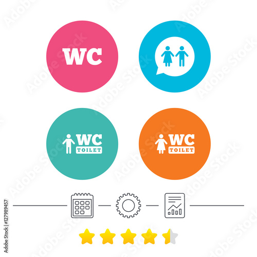 WC Toilet icons. Gents and ladies room signs. Man and woman speech bubble symbol. Calendar, cogwheel and report linear icons. Star vote ranking. Vector