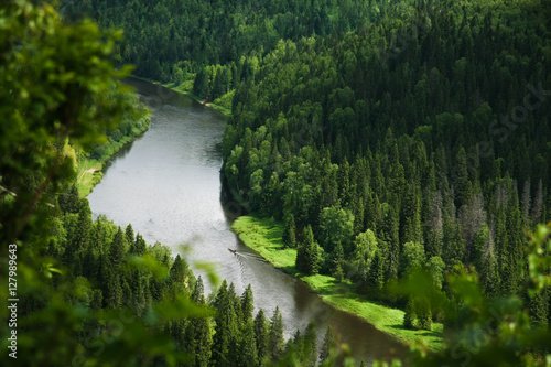 Beautiful wild river bend in the woodland, Siberia, the Urals, Russia
