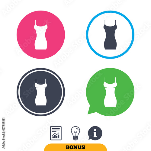 Women dress sign icon. Intimates and sleeps symbol. Report document, information sign and light bulb icons. Vector