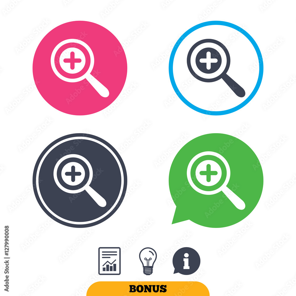 Magnifier glass sign icon. Zoom tool button. Navigation search symbol. Report document, information sign and light bulb icons. Vector Magnifier glass sign icon. Zoom tool button. Navigation search symbol. Report document, information sign and light bulb icons. Vector