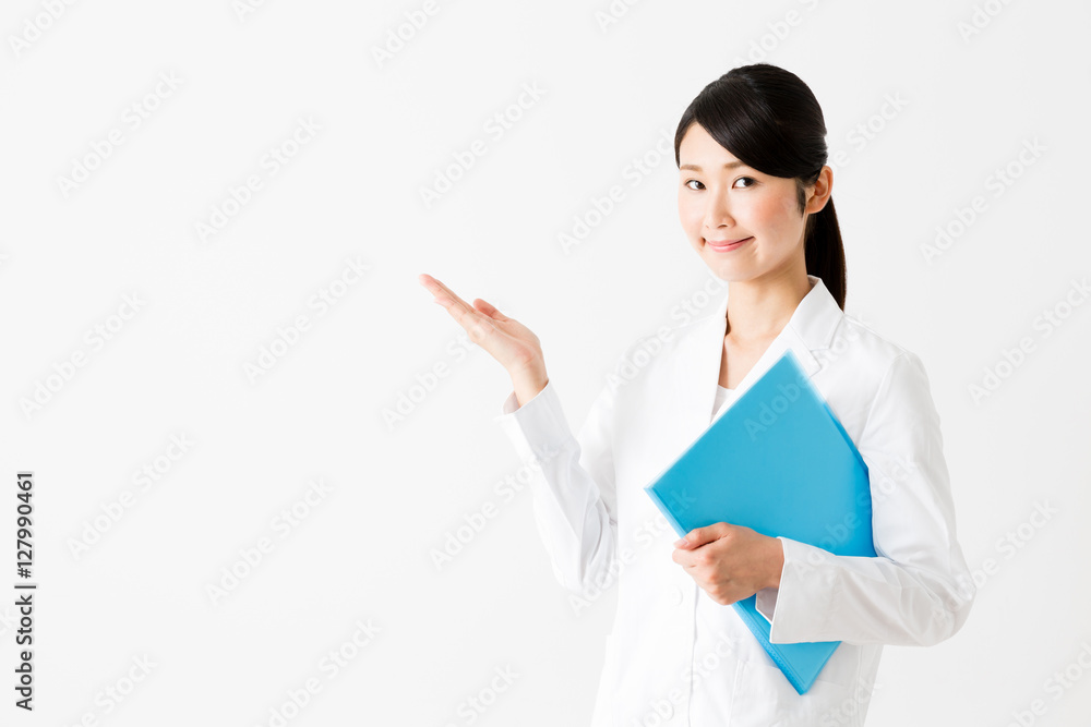 portrait of young asian doctor showing isolated on white background