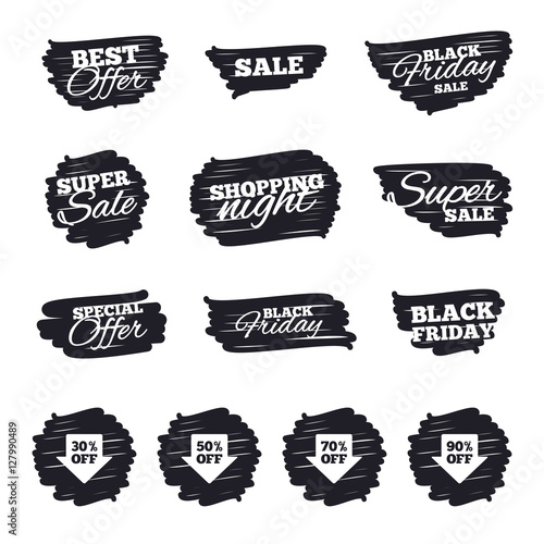 Ink brush sale stripes and banners. Sale arrow tag icons. Discount special offer symbols. 30%, 50%, 70% and 90% percent off signs. Black friday. Ink stroke. Vector