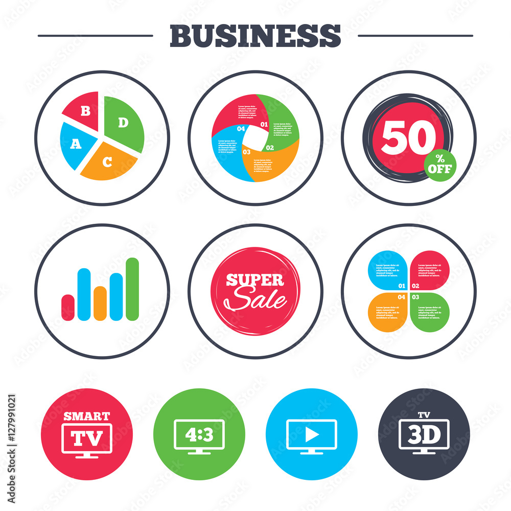Business pie chart. Growth graph. Smart TV mode icon. Aspect ratio 4:3 widescreen symbol. 3D Television sign. Super sale and discount buttons. Vector Business pie chart. Growth graph. Smart TV mode icon. Aspect ratio 4:3 widescreen symbol. 3D Television sign. Super sale and discount buttons. Vector