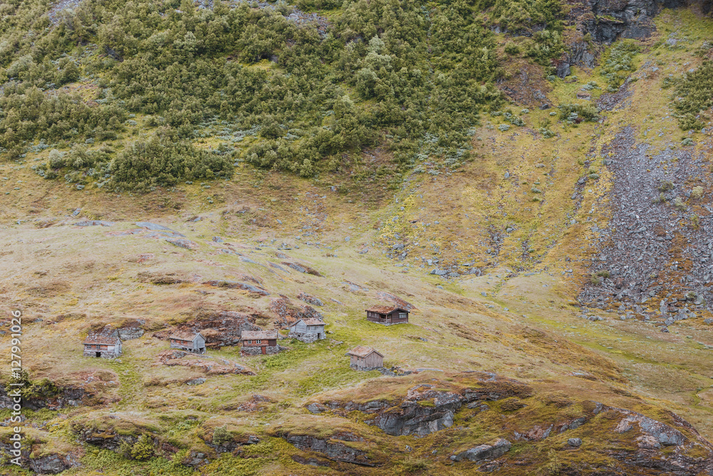 Norwegian old country houses in mountains.