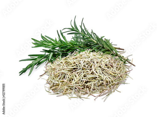 Rosemary fresh and dried on white background