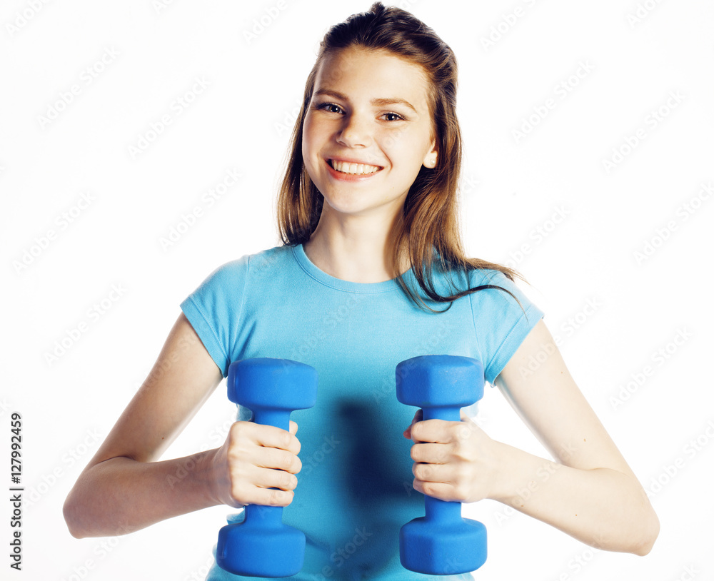 young pretty slim woman with dumbbell isolated cheerful smiling, real sport girl next door, lifestyle people concept