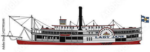 Hand drawing of a classic steam paddle riverboat photo