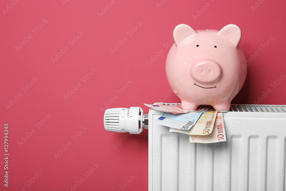 Fototapeta premium Savings concept. Piggy bank and money on heating radiator with temperature regulator on pink background