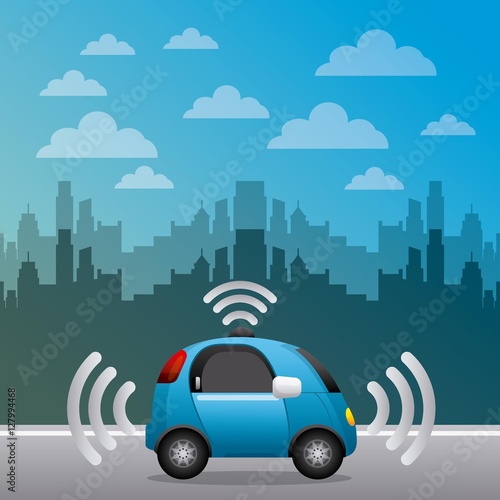 autonomous car vehicle with wireless waves over city background. ecology,  smart and techonology concept. vector illustration
