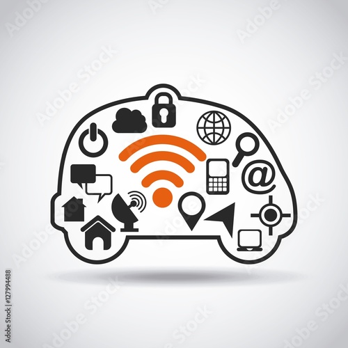 silhouette of autonomous car with navigation and technology icons inside over white background. vector illustration