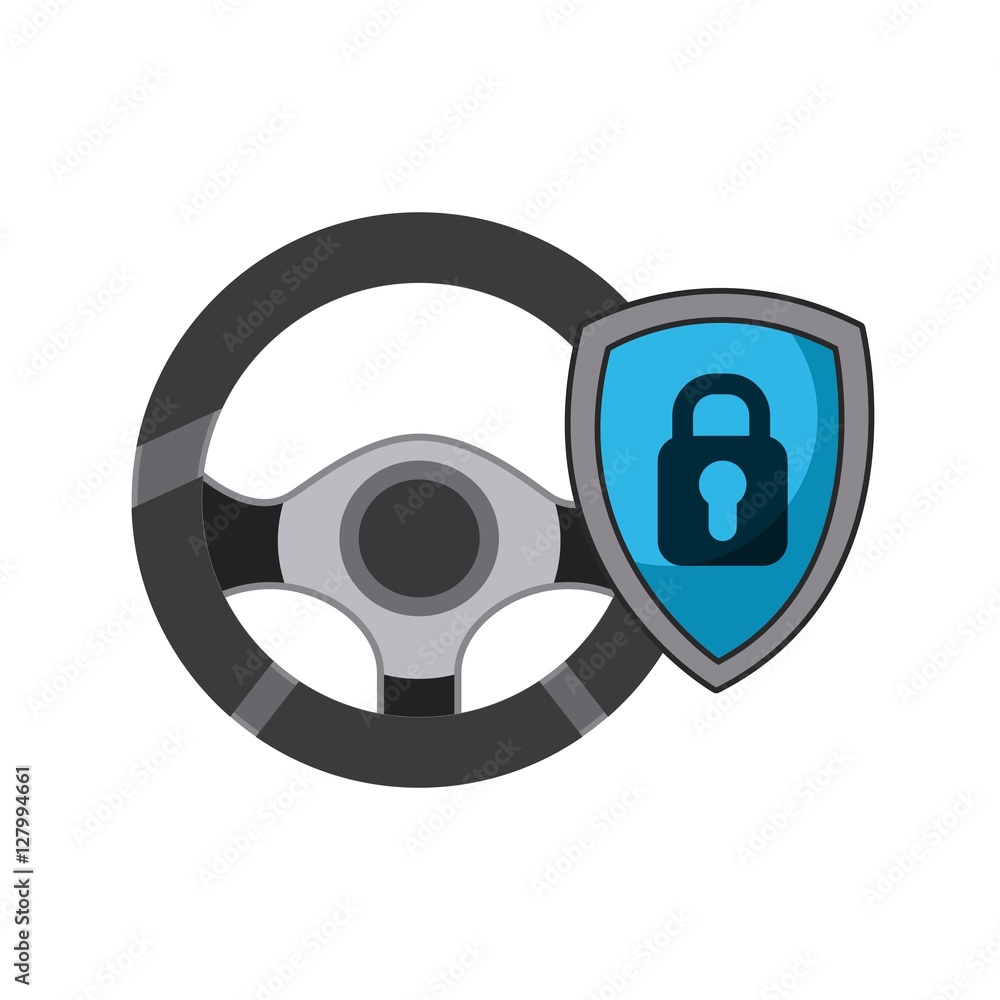 steering wheel and shield with padlock in a shield over white background. vector illustration steering wheel and shield with padlock in a shield over white background. vector illustration