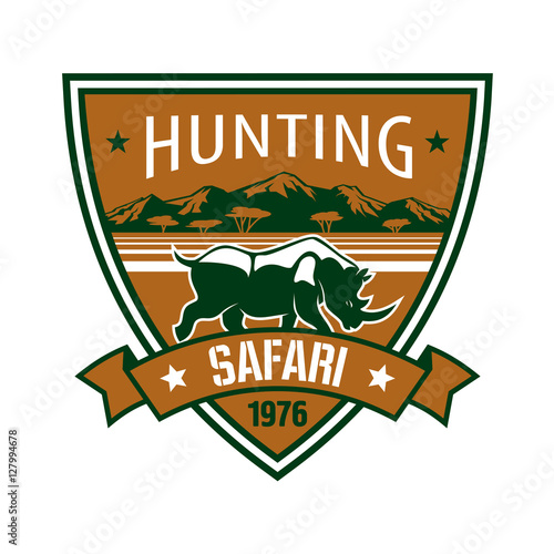 Hunting, safari heraldic badge with african rhino