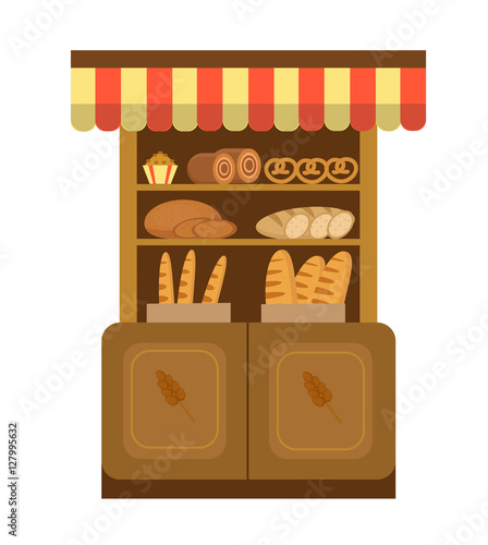 Bakery shelf. Baking Showcases icon. Bread on the shelf, flat style. Baking and pastries Showcases stores in the supermarket. Vector illustration