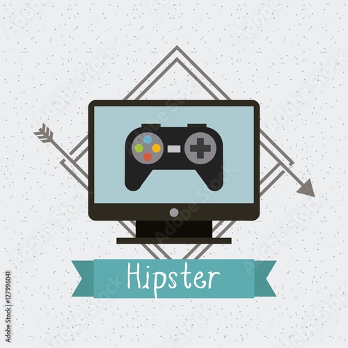 tv with videogame control icon on screen in decorative frame with arrows and ribbon. hipster style design. vector illustration