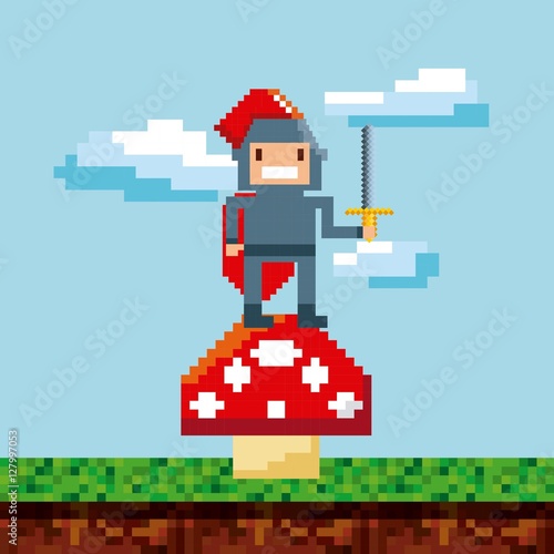 Pixel knight character with sword on fungus over landscape background. Video game interface design. Colorful design. vector illustration © Gstudio
