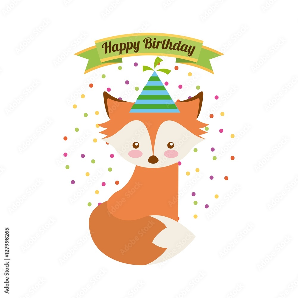happy birthday card with cute fox wearing a party hat over white ...
