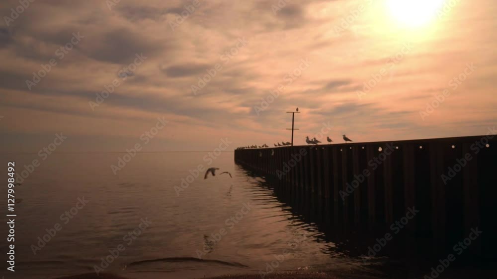 Sea sunset. Sunset reflected in water. Golden sea sunset. Sunset sea. Orange sunset. Sea pier with seagulls at sunset. Sea gulls on sea pier at sunset. Idyllic scene of sunset sea. Calm sea Sea sunset. Sunset reflected in water. Golden sea sunset. Sunset sea. Orange sunset. Sea pier with seagulls at sunset. Sea gulls on sea pier at sunset. Idyllic scene of sunset sea. Calm sea