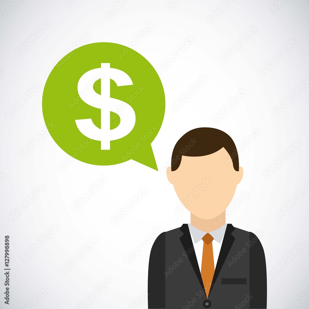 business man with green communication bubble with money symbol over white background. vector illustration business man with green communication bubble with money symbol over white background. vector illustration