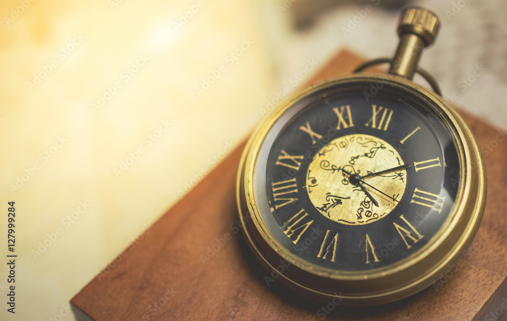 old pocket watch with chain on box wood vintage tone old pocket watch with chain on box wood vintage tone