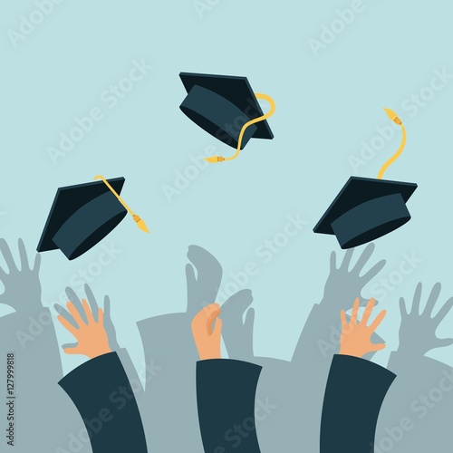 Hands of graduates throwing graduations hats. colorful design. vector illustration