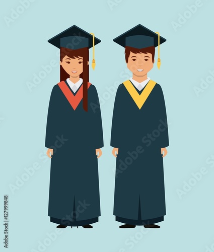 cartoon man and woman wearing a cap and gown of graduation over blue background. colorful design. vector illustration