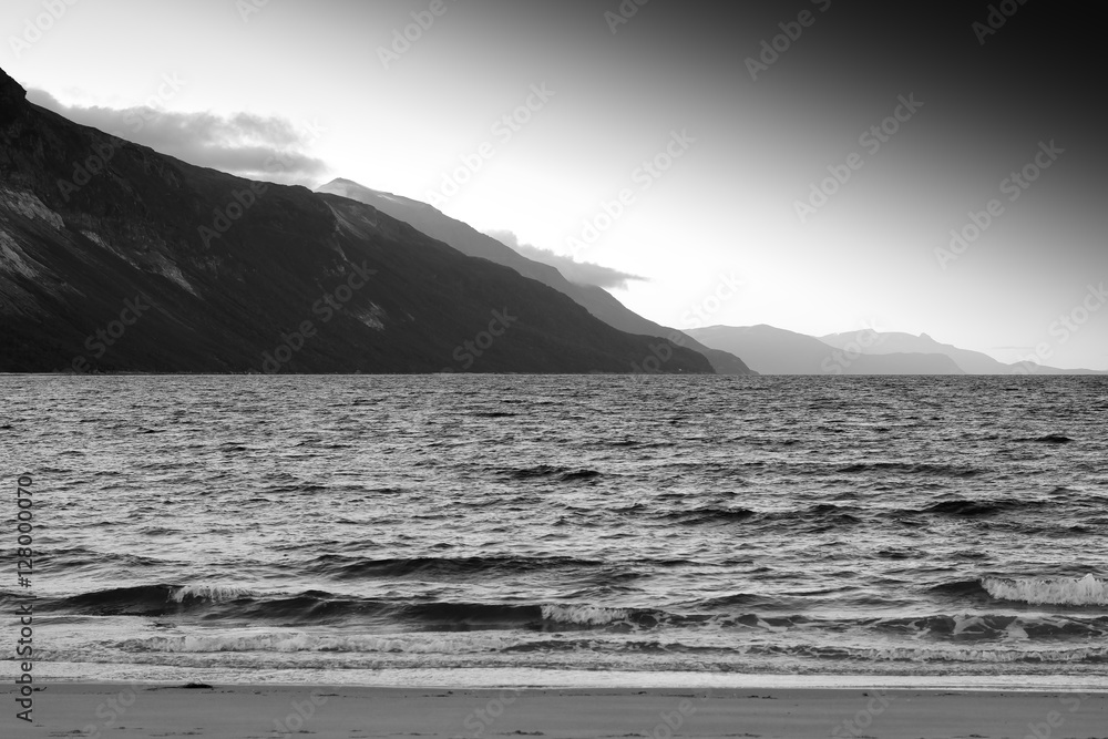 Black and white Norway seashore mountain landscape background