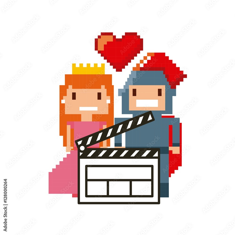 pixel princess and knight videogame characters with clapboard over white background. vector illustration
