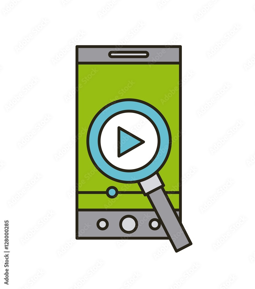 smartphone device with loupe and play button over white background. vector illustration smartphone device with loupe and play button over white background. vector illustration