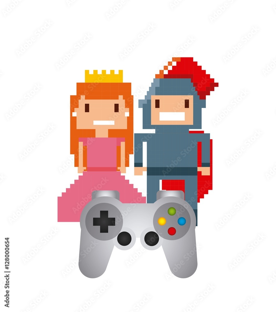 pixel princess and knight videogame characters over white background. vector illustration