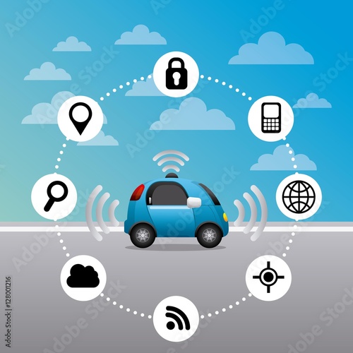 autonomous car vehicle with navigation icons around. ecology,  smart and techonology concept. colorful design.  vector illustration