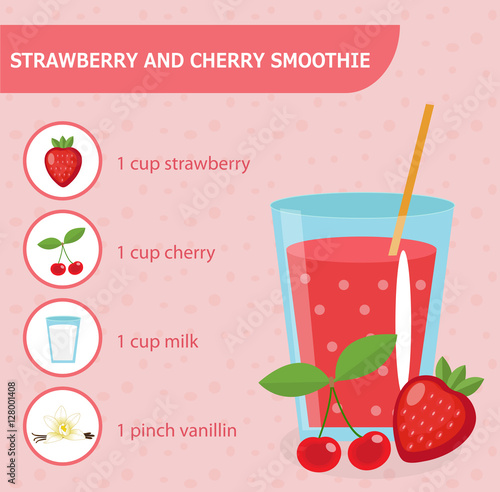 Strawberry and cherry smoothie recipe with ingredients. Smoothies, milkshake recipe. Healthy smoothies recipe. Detox smoothie recipe. Organic raw Shake. Healthy diet. Vector illustration.