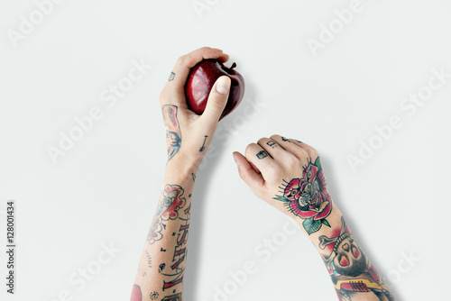 Fotografie Tattoo Apple Fruit Red Fresh Sweet Juicy Concept