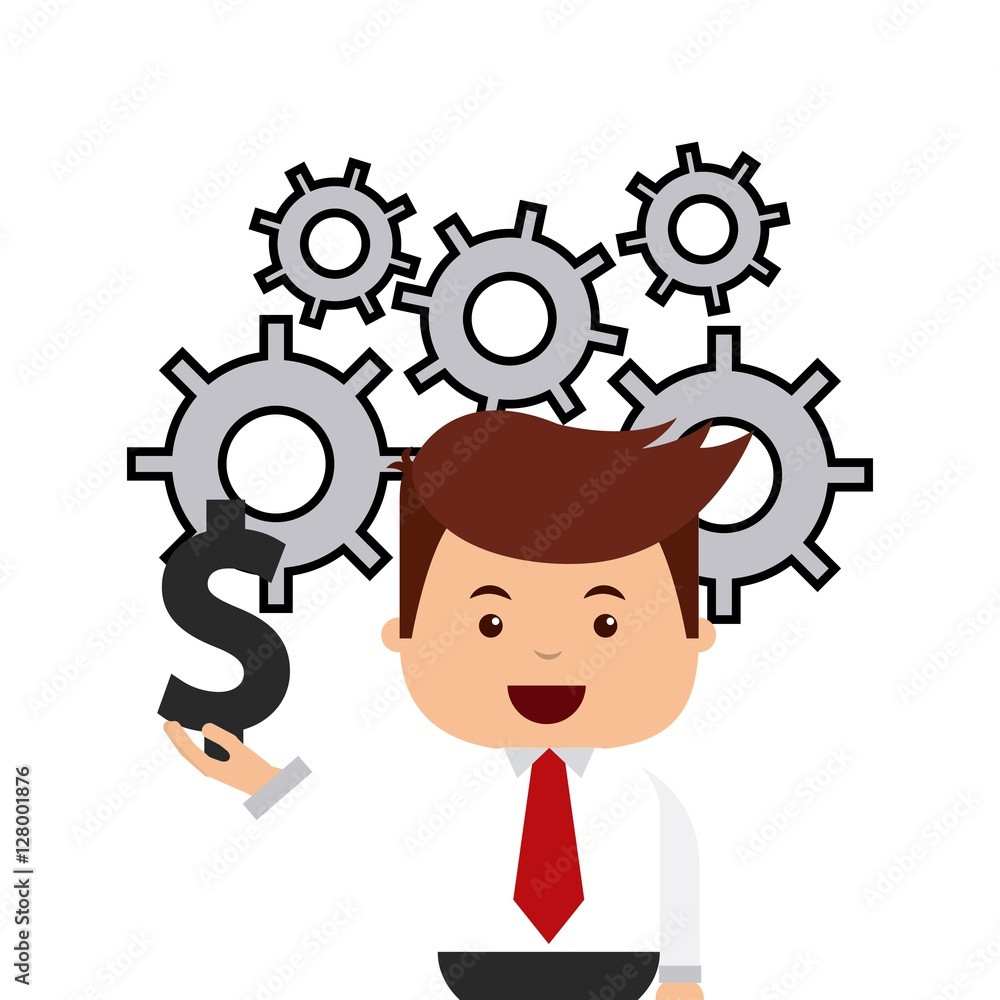 businessman holding a money symbol over gears wheels and white background. business and strategy design. vector illustration businessman holding a money symbol over gears wheels and white background. business and strategy design. vector illustration