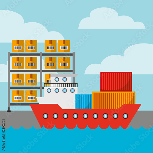 Fototapeta Naklejka Na Ścianę i Meble -  cargo ship with shelves and carton boxes. export and import concept. colorful design. vector illustration