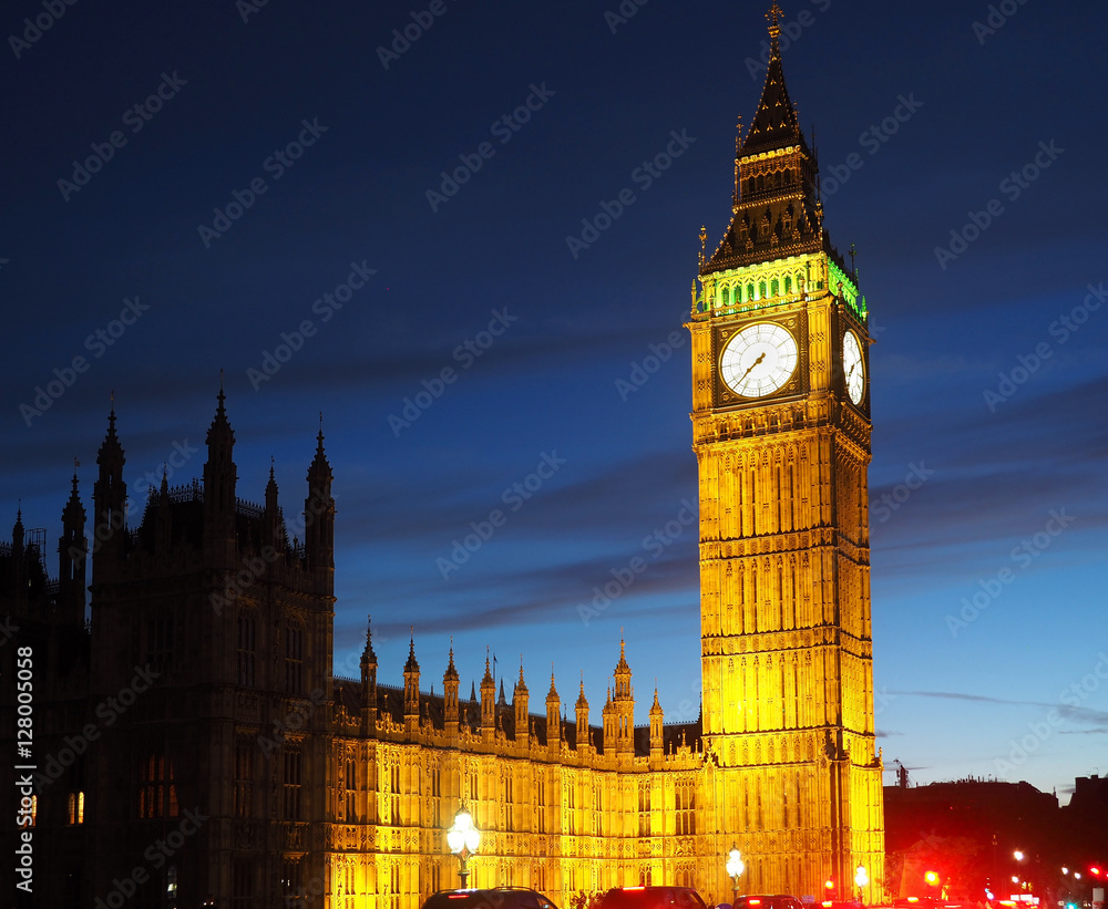 British Parliament building and Big Ben, illuminated at night