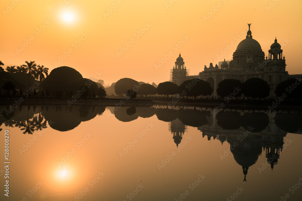 Victoria Memorial architectural monument and museum at sunrise. Kolkata, India.