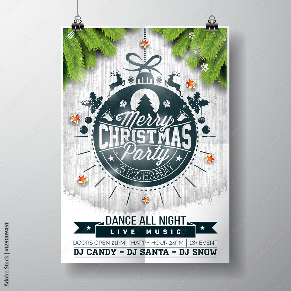 Vector Merry Christmas Party design with holiday typography elements and shiny stars on vintage wood background. Vector Merry Christmas Party design with holiday typography elements and shiny stars on vintage wood background.