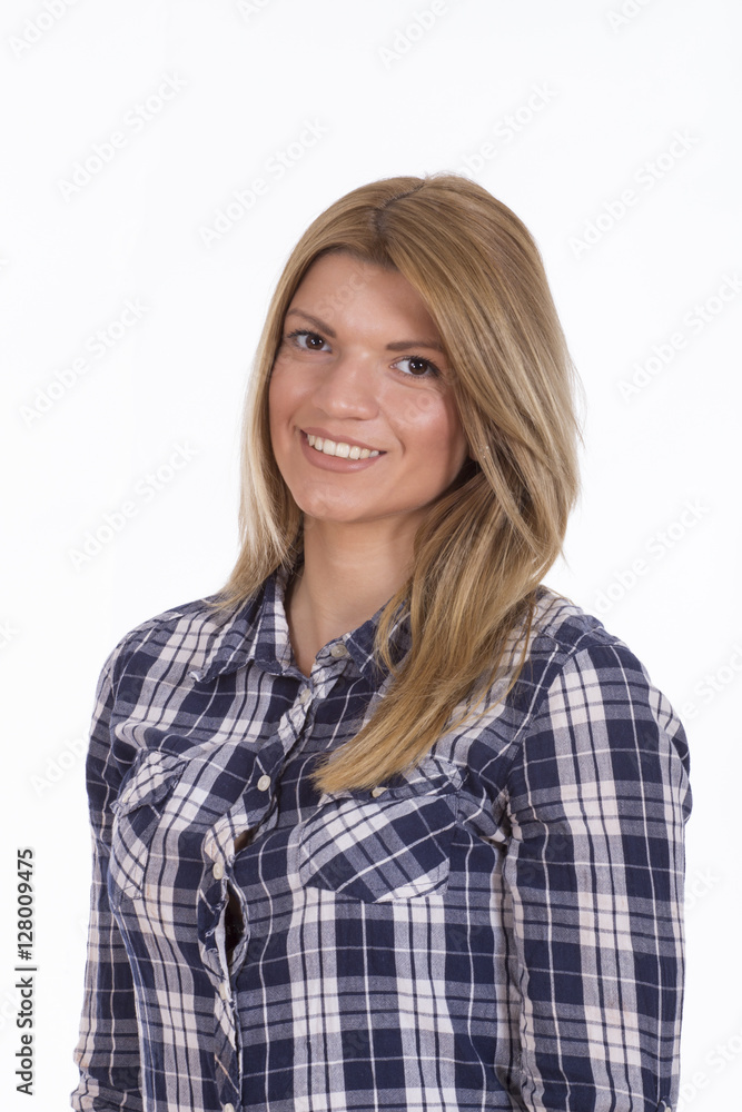 Beautiful girl in plaid shirt smiling Beautiful girl in plaid shirt smiling