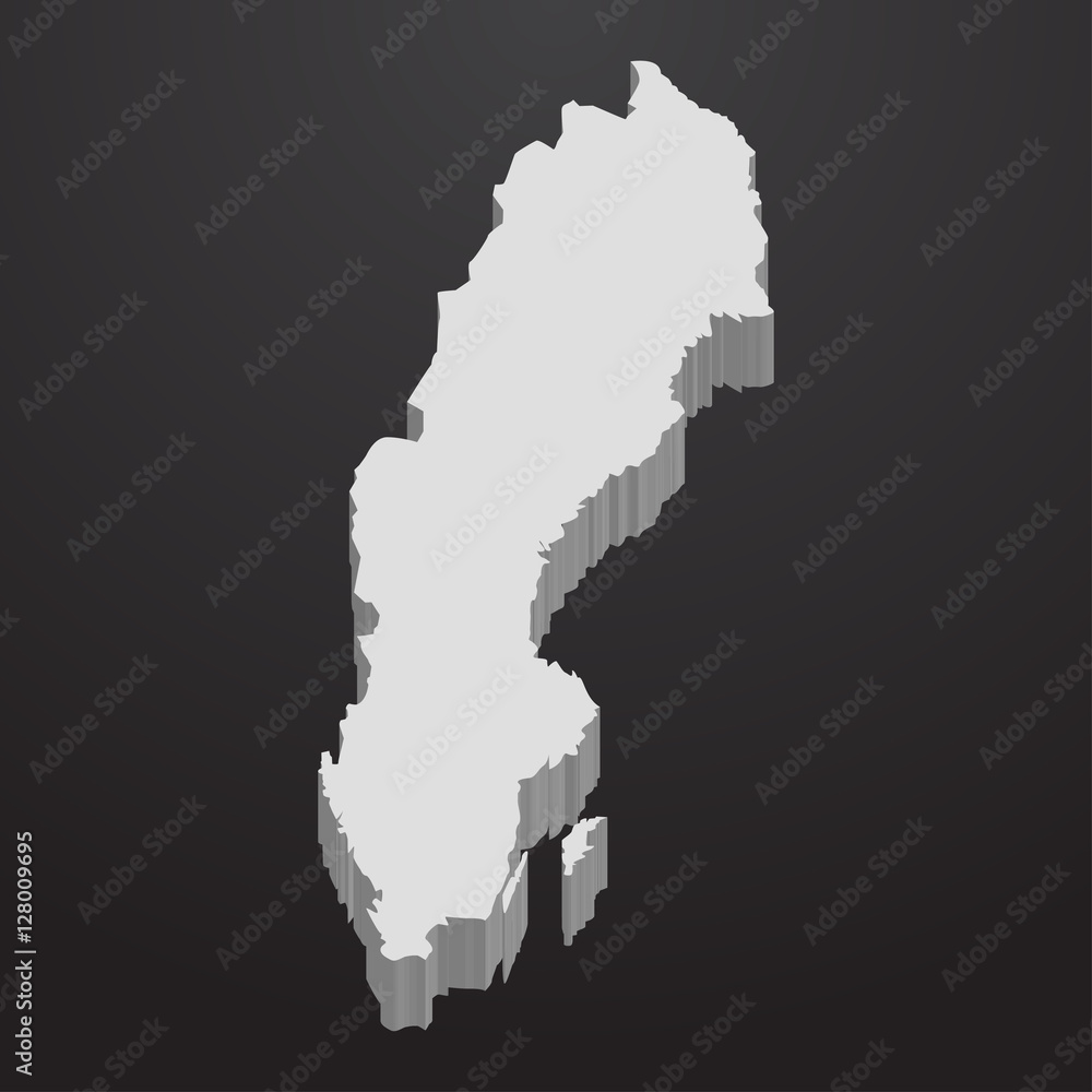 Sweden map in gray on a black background 3d
