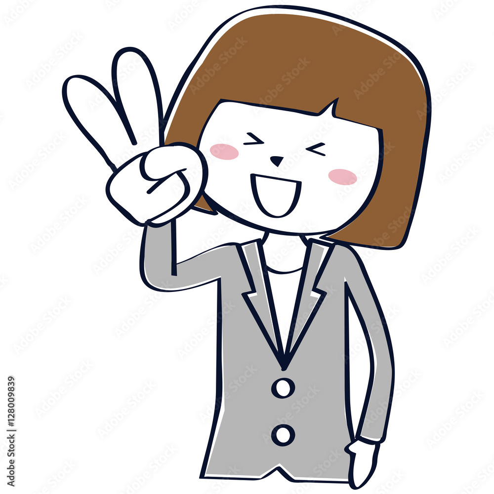 かわいいビジネスウーマン おかっぱ 上半身 Vサイン かわいいビジネスウーマン おかっぱ 上半身 Vサイン