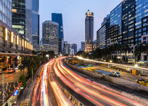 Jakarta rush hour in business district in Indonesia capital city at night