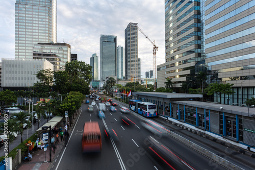 Jakarta rush hour along the main avenue in the business district in Indonesia capital city
