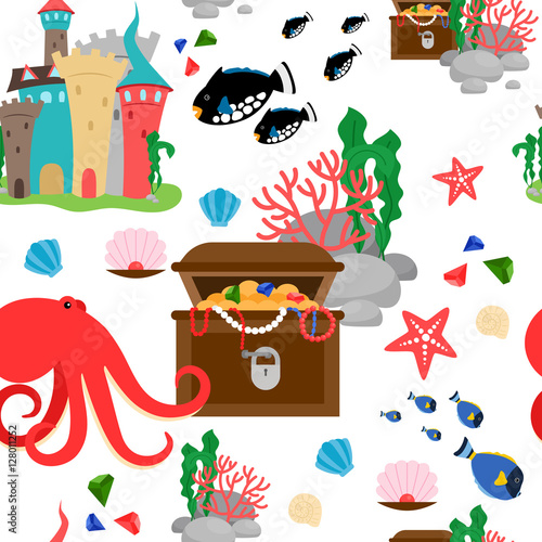 Cartoon sea animals and marine treasures seamless pattern. Vector illustration